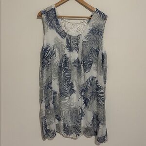 Elena Baldi Sleeveless Blue and Gray Leaf Print Silk Dress